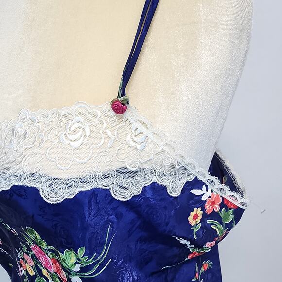 Vintage Inner Most Floral Satin Pajama Set Size XL Blue Lace Trim Chemise Shorts - Picture 7 of 16